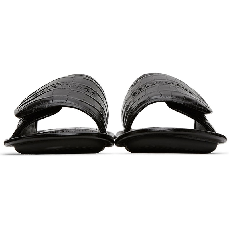 Balenciaga Black Croc Slides menswear streetwear footwear slides spring summer 2020 collection leather crocodile animal pattern luxury velcro branding logo