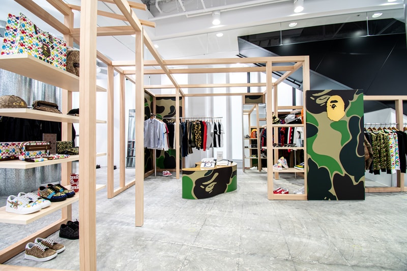 BAPE Store COMME des GARÇONS Osaka Opening APE HEAD BAPE CAMO Wooden Shelves Frames Apparel Product Line Coach Sneakers Bags