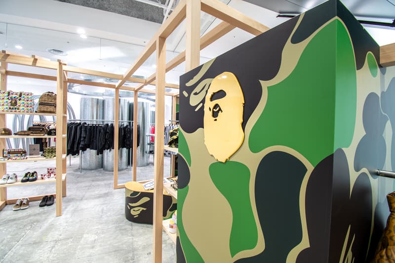 BAPE Store COMME des GARÇONS Osaka Opening APE HEAD BAPE CAMO Wooden Shelves Frames Apparel Product Line Coach Sneakers Bags