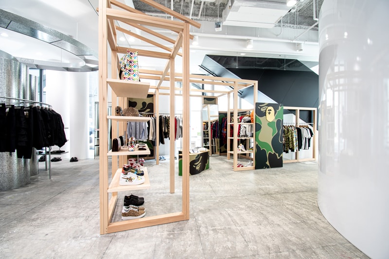 BAPE Store COMME des GARÇONS Osaka Opening APE HEAD BAPE CAMO Wooden Shelves Frames Apparel Product Line Coach Sneakers Bags