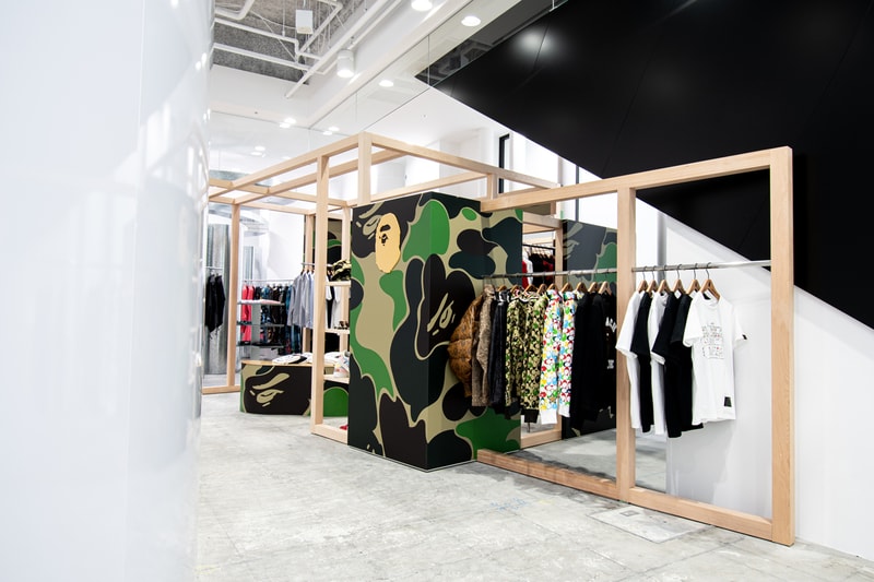 BAPE Store COMME des GARÇONS Osaka Opening APE HEAD BAPE CAMO Wooden Shelves Frames Apparel Product Line Coach Sneakers Bags