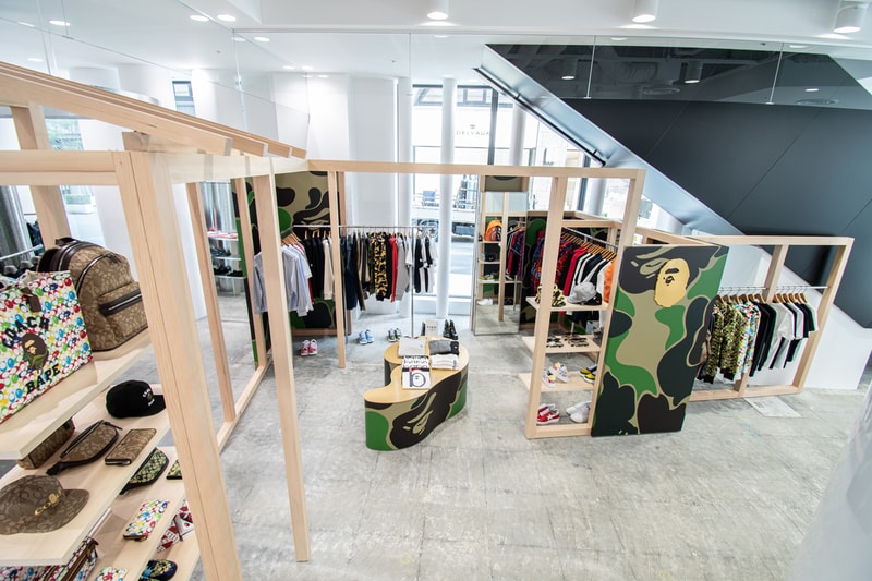 BAPE Store COMME des GARÇONS Osaka Opening APE HEAD BAPE CAMO Wooden Shelves Frames Apparel Product Line Coach Sneakers Bags
