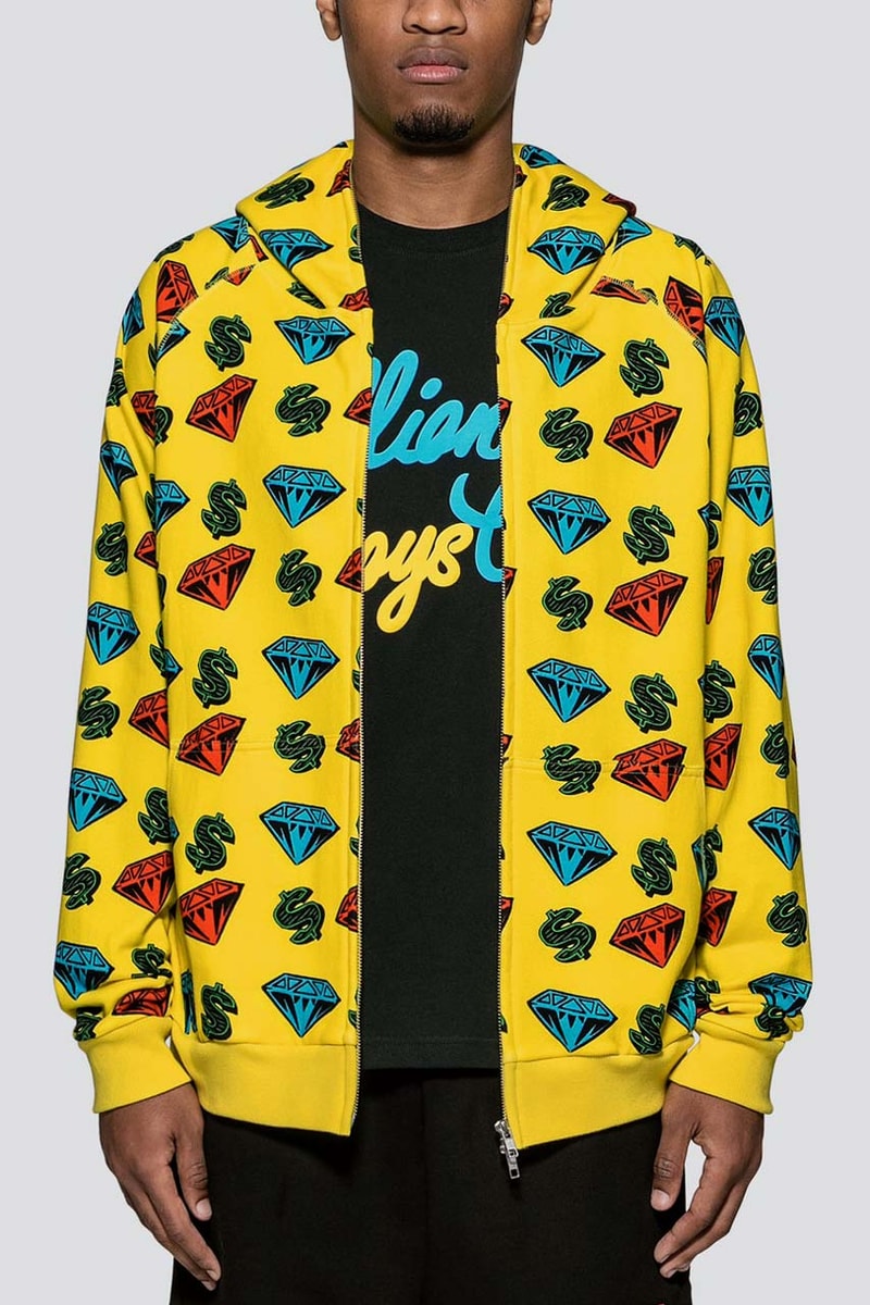Billionaire Boys Club Diamond and Dollar full Zip Hoodie yellow turquoise allover print