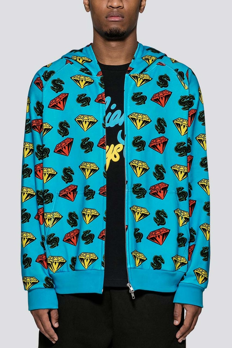Billionaire Boys Club Diamond and Dollar full Zip Hoodie yellow turquoise allover print