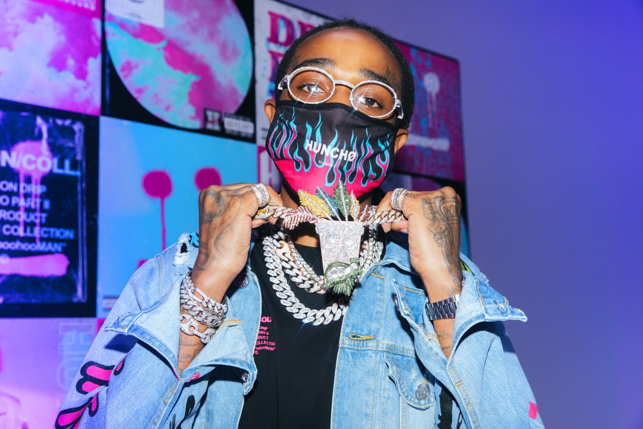 MIGOS Boohoo mixing matching sets bandana prints eccentric tie-dye acid washes mesh utility vests and fanny packs, print-heavy slides and socks to distressed denim vibrant sweatsuits chained sunglasses matching face masks