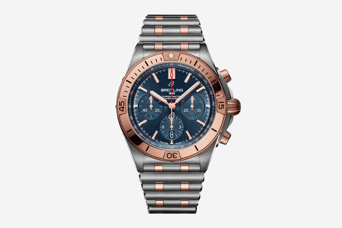 breitling chronomat 2020 watch refresh info sports watch stainless steel Rouleaux bracelet 42mm case signature rider tabs rotating bezel Caliber 01 movement two-tone finishes Bentley edition