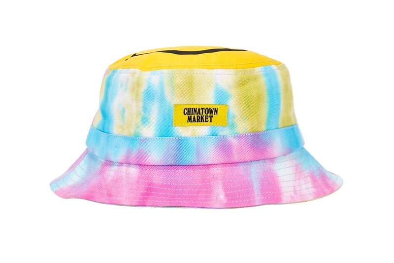 chinatown market smiley collab canvas bucket hats tie dye black blue patch appliqué drawstring brim