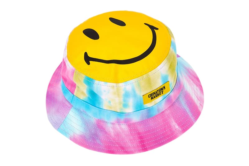 chinatown market smiley collab canvas bucket hats tie dye black blue patch appliqué drawstring brim