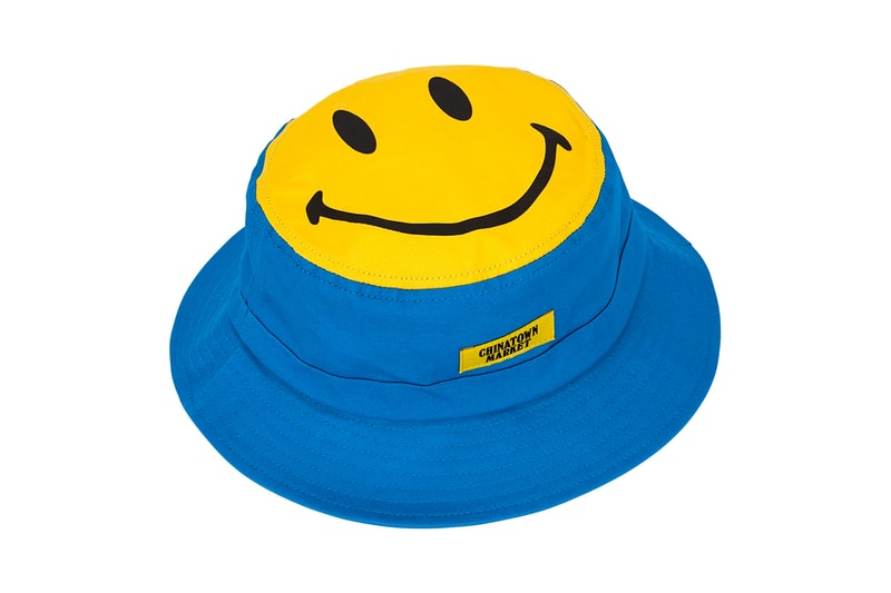 chinatown market smiley collab canvas bucket hats tie dye black blue patch appliqué drawstring brim