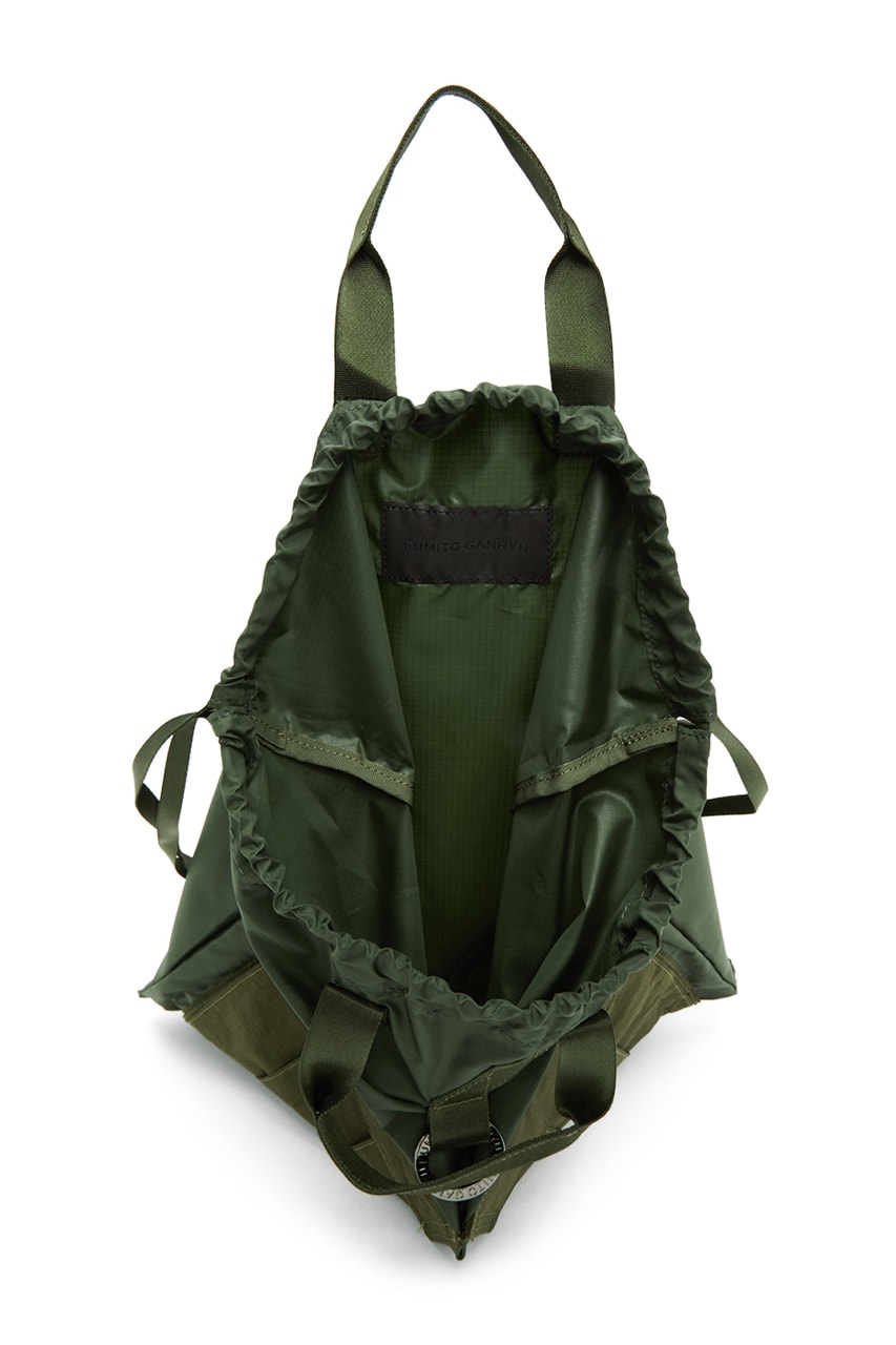 Fumito Ganryu Two Way Military Tote Bags khaki olive drawstrings backpack accessories gym bag menswear streetwear spring summer 2020 collection ripstop logo branding japanese japan carrying solutions 