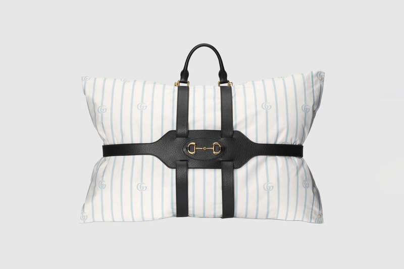 Gucci Spring/Summer 2020 Backpack Pillow Holder 1955 Horsebit Line Pillow Double G Blue White Black Leather Straps Gold Hardware
