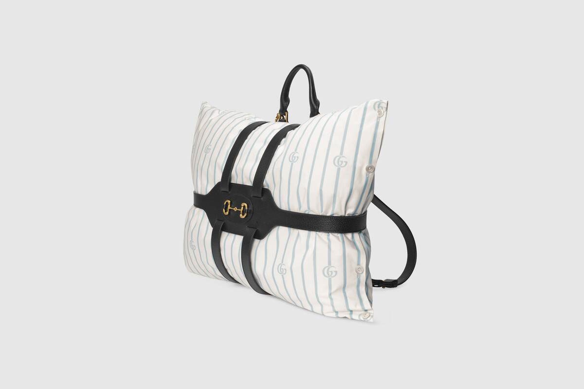 Gucci Spring/Summer 2020 Backpack Pillow Holder 1955 Horsebit Line Pillow Double G Blue White Black Leather Straps Gold Hardware