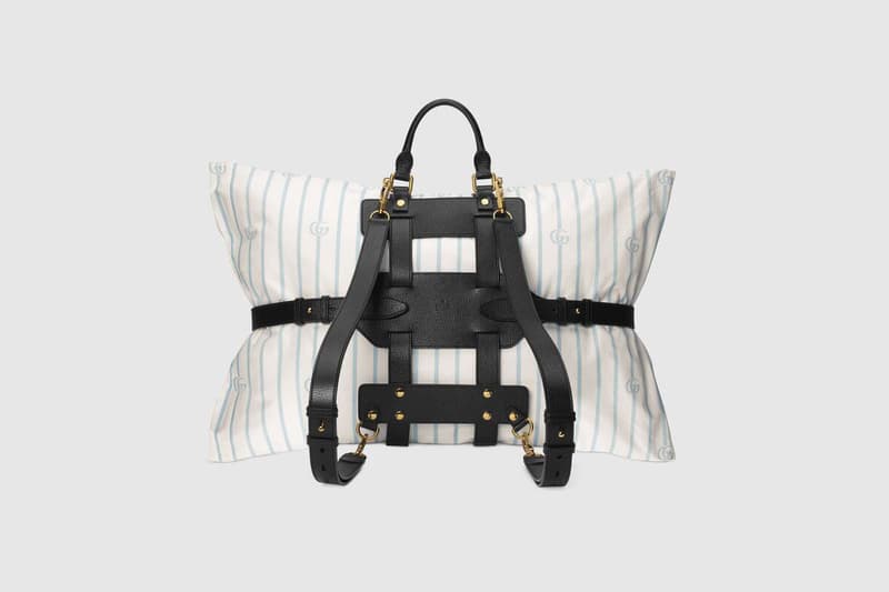 Gucci Spring/Summer 2020 Backpack Pillow Holder 1955 Horsebit Line Pillow Double G Blue White Black Leather Straps Gold Hardware
