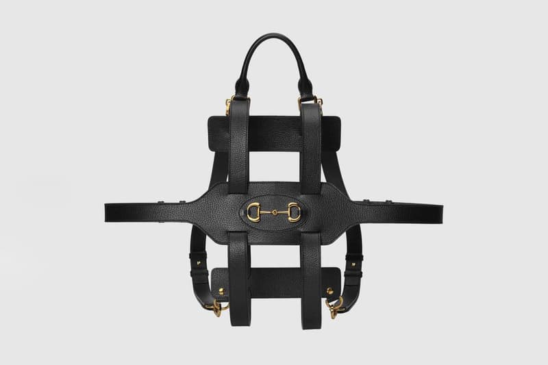 Gucci Spring/Summer 2020 Backpack Pillow Holder 1955 Horsebit Line Pillow Double G Blue White Black Leather Straps Gold Hardware