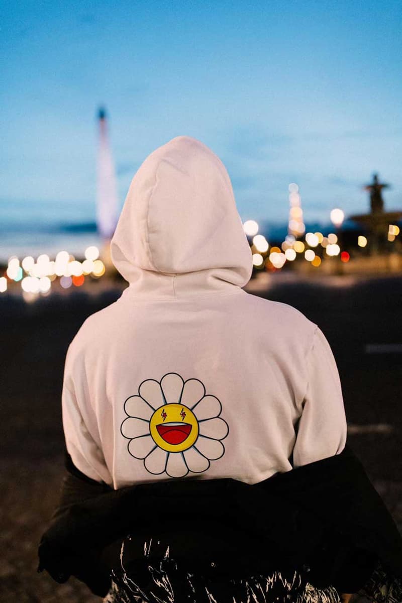 Takashi Murakami & J Balvin Capsule Collection T-shirts Hoodies Purple Black White Smiling Flower Motif Lightning Bolts 'Colores' Album "Morado" "Blanco"