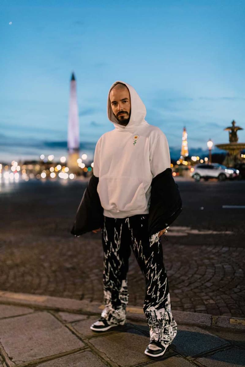 Takashi Murakami & J Balvin Capsule Collection T-shirts Hoodies Purple Black White Smiling Flower Motif Lightning Bolts 'Colores' Album "Morado" "Blanco"