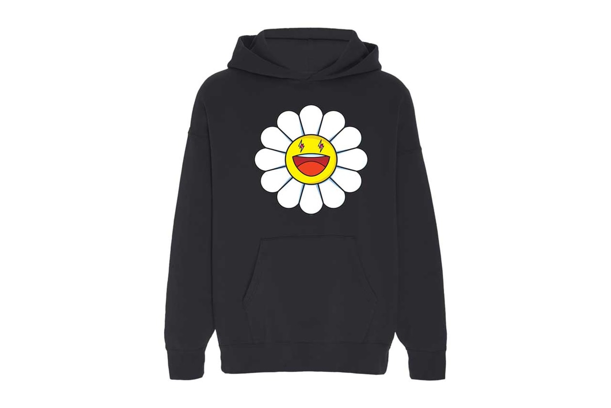 Takashi Murakami & J Balvin Capsule Collection T-shirts Hoodies Purple Black White Smiling Flower Motif Lightning Bolts 'Colores' Album 