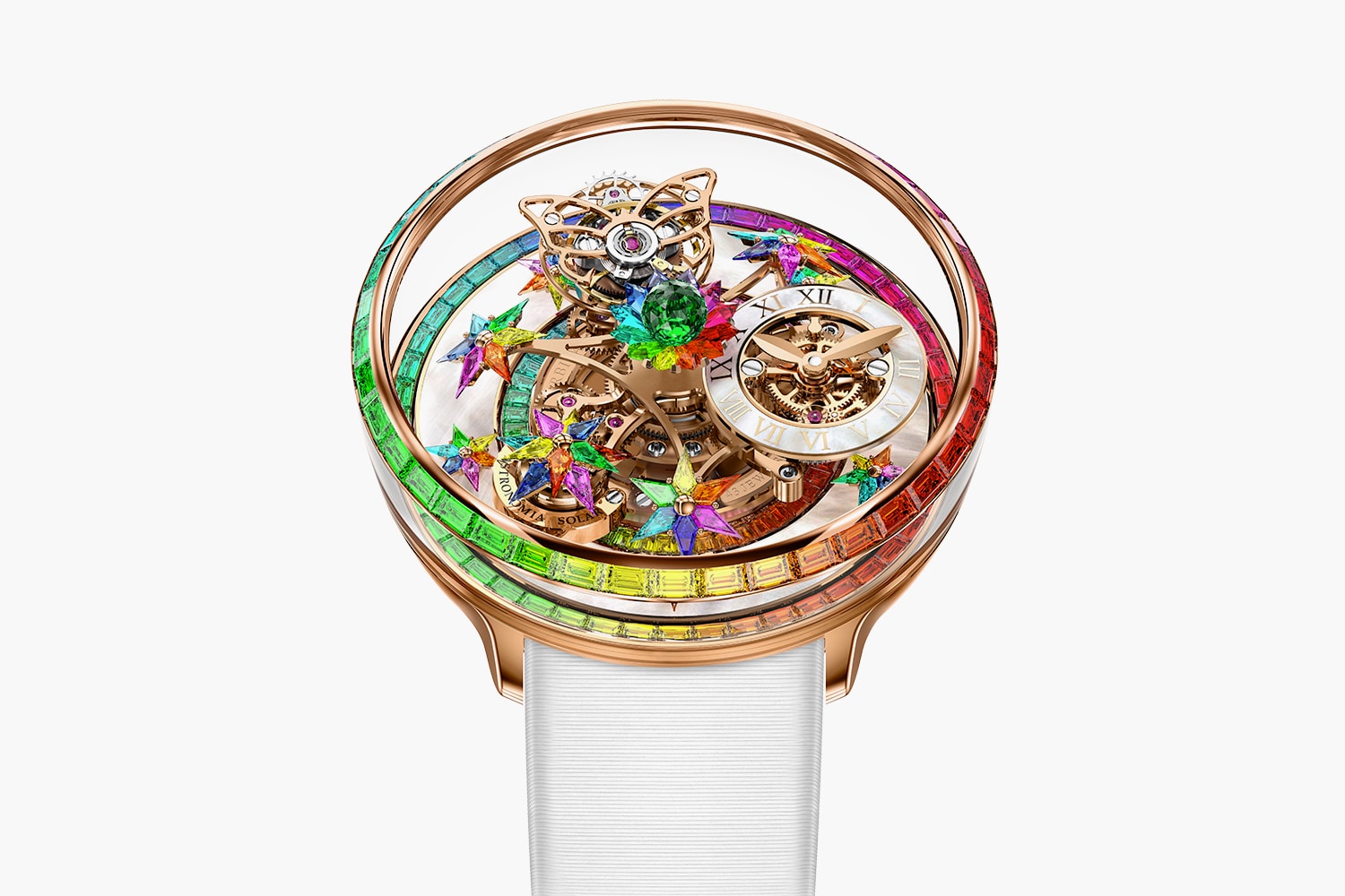 Jacob & Co. Rainbow Astronomia Fleurs de Jardin Release Info watch timepiece luxury multicolor 18k rose gold case sapphire tsavorite 