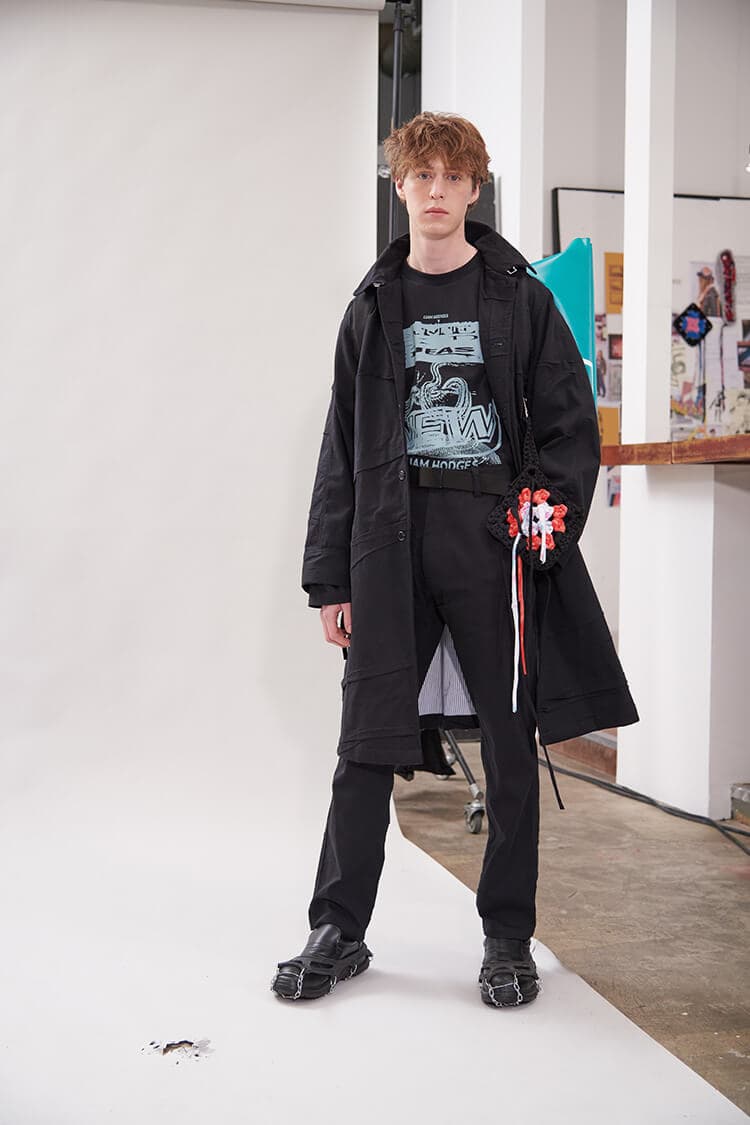 Liam Hodges FW20 Lookbook collection vintage repurporsing t-shirts graphic crochet details london menswear buy cop purchase nukak collaboration