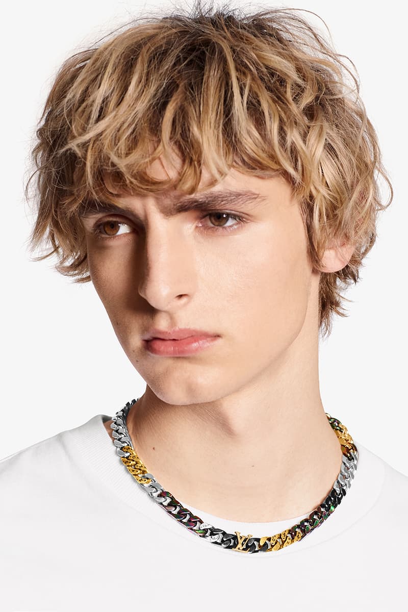 louis vuitton virgil abloh menswear mens jewelry chain necklace ring silver monogram multicolor iridescent scarf hat belt bag card holder release information buy cop purchase