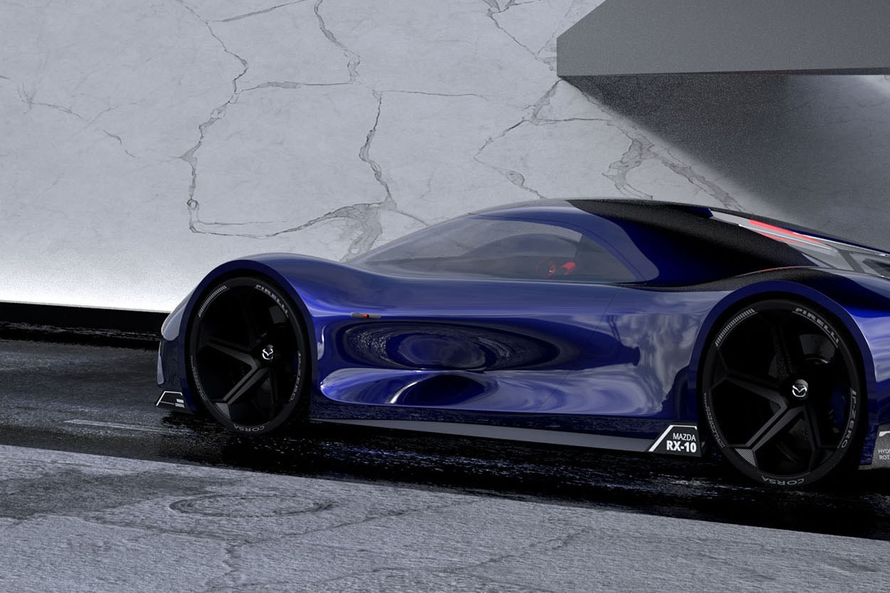 Mazda RX-10 Vision Long Tail Concept Car Imagined by Maximilian Schneider Hydrogen Powered Hypercar 1030 HP Low Slung Design Render First Look Automotive Design Futuristic Japanese Motors Rotary Engines 