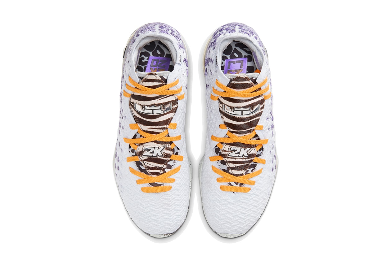 nike lebron james 17 bron nba 2k20 playoffs lakers white black purple animal print release date info photos price