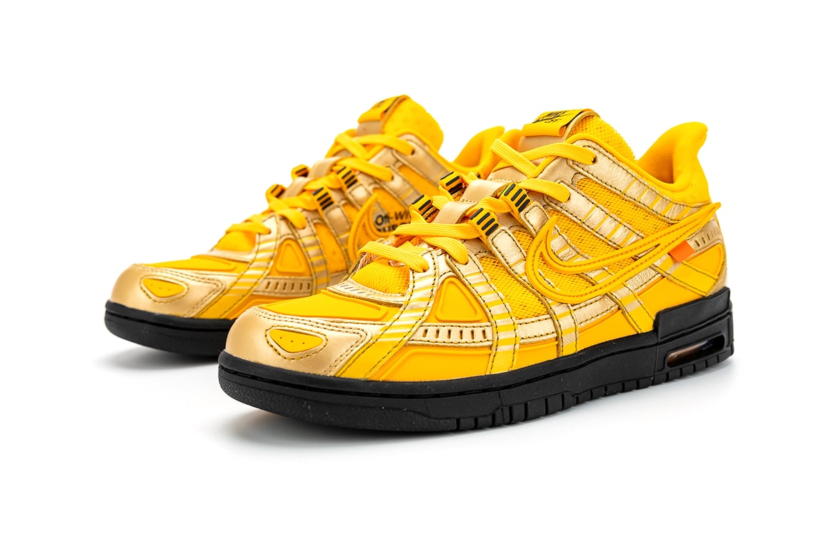 Off White X Nike Air Rubber Dunk University Gold Closer Look Hypebeast