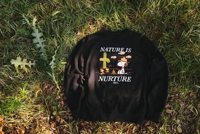 'Peanuts' x BAIT "Earth Day” Sustainable Capsule Upcycle LA Los Angeles Sustainability Upcycling Collection Lookbooks Environmental Protection Carbon Footprint Snoopy Recycling Old Plastic Bottles Reclaimed T-Shirt Cotton Fabric Materials