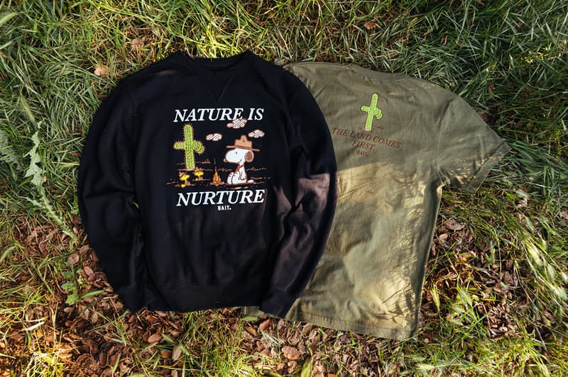'Peanuts' x BAIT "Earth Day” Sustainable Capsule Upcycle LA Los Angeles Sustainability Upcycling Collection Lookbooks Environmental Protection Carbon Footprint Snoopy Recycling Old Plastic Bottles Reclaimed T-Shirt Cotton Fabric Materials