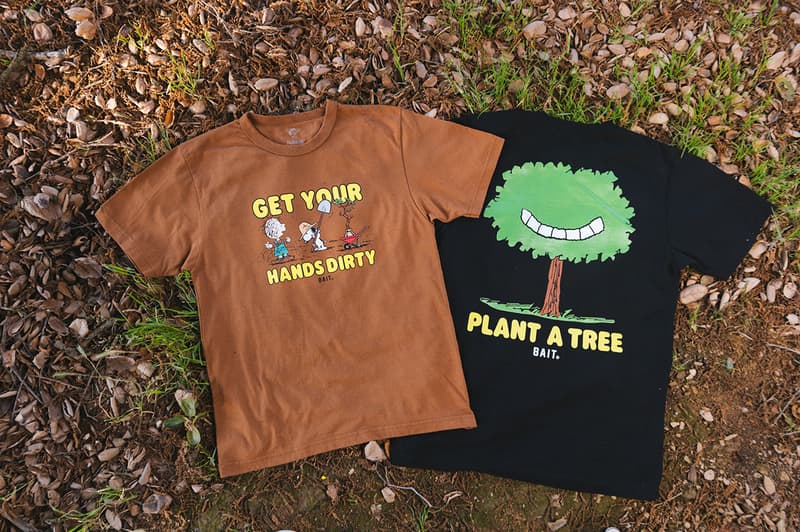 'Peanuts' x BAIT "Earth Day” Sustainable Capsule Upcycle LA Los Angeles Sustainability Upcycling Collection Lookbooks Environmental Protection Carbon Footprint Snoopy Recycling Old Plastic Bottles Reclaimed T-Shirt Cotton Fabric Materials