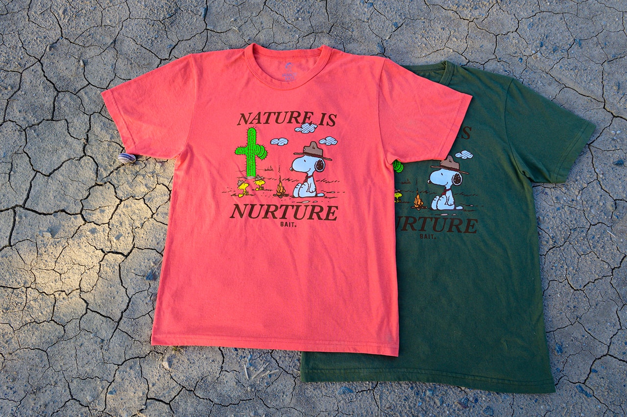 'Peanuts' x BAIT "Earth Day” Sustainable Capsule Upcycle LA Los Angeles Sustainability Upcycling Collection Lookbooks Environmental Protection Carbon Footprint Snoopy Recycling Old Plastic Bottles Reclaimed T-Shirt Cotton Fabric Materials
