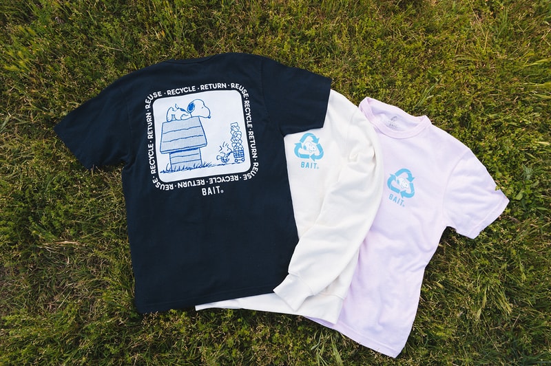 'Peanuts' x BAIT "Earth Day” Sustainable Capsule Upcycle LA Los Angeles Sustainability Upcycling Collection Lookbooks Environmental Protection Carbon Footprint Snoopy Recycling Old Plastic Bottles Reclaimed T-Shirt Cotton Fabric Materials