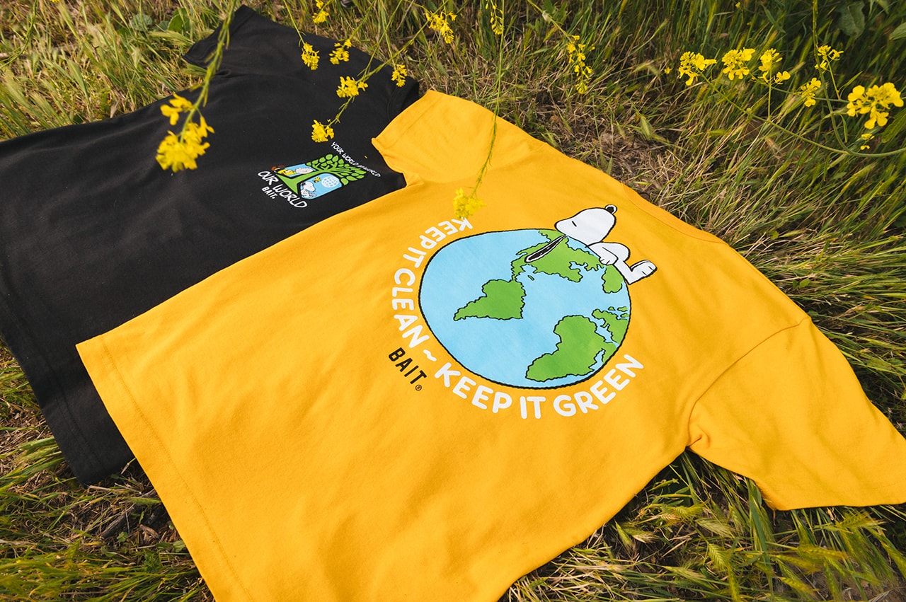 'Peanuts' x BAIT "Earth Day” Sustainable Capsule Upcycle LA Los Angeles Sustainability Upcycling Collection Lookbooks Environmental Protection Carbon Footprint Snoopy Recycling Old Plastic Bottles Reclaimed T-Shirt Cotton Fabric Materials