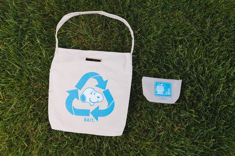 'Peanuts' x BAIT "Earth Day” Sustainable Capsule Upcycle LA Los Angeles Sustainability Upcycling Collection Lookbooks Environmental Protection Carbon Footprint Snoopy Recycling Old Plastic Bottles Reclaimed T-Shirt Cotton Fabric Materials