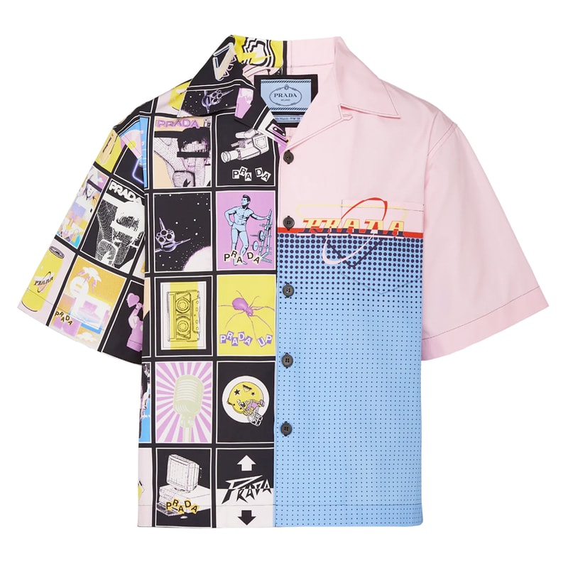Prada SS20 Double Match Bowling Shirts Release Info drop price w2c cassette player floppy disk drive retrofuturistic vintage graphics logo 