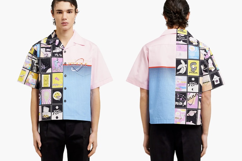 Prada SS20 Double Match Bowling Shirts Release Info drop price w2c cassette player floppy disk drive retrofuturistic vintage graphics logo 