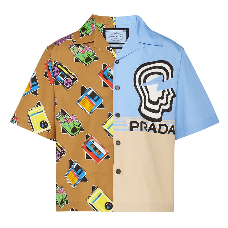 Prada SS20 Double Match Bowling Shirts Release Info drop price w2c cassette player floppy disk drive retrofuturistic vintage graphics logo 