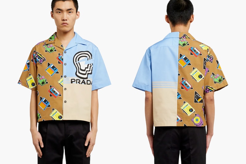Prada SS20 Double Match Bowling Shirts Release Info drop price w2c cassette player floppy disk drive retrofuturistic vintage graphics logo 
