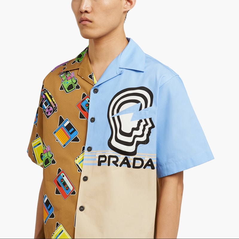 Prada SS20 Double Match Bowling Shirts Release Info drop price w2c cassette player floppy disk drive retrofuturistic vintage graphics logo 