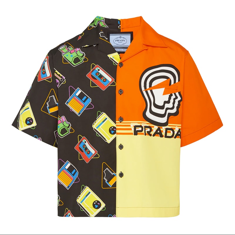 Prada SS20 Double Match Bowling Shirts Release Info drop price w2c cassette player floppy disk drive retrofuturistic vintage graphics logo 