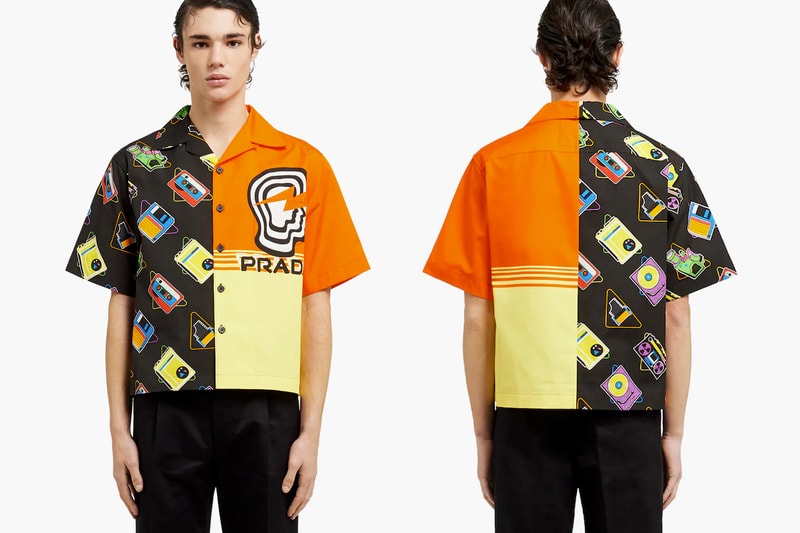 Prada SS20 Double Match Bowling Shirts Release Info drop price w2c cassette player floppy disk drive retrofuturistic vintage graphics logo 