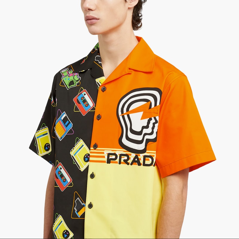 Prada SS20 Double Match Bowling Shirts Release Info drop price w2c cassette player floppy disk drive retrofuturistic vintage graphics logo 