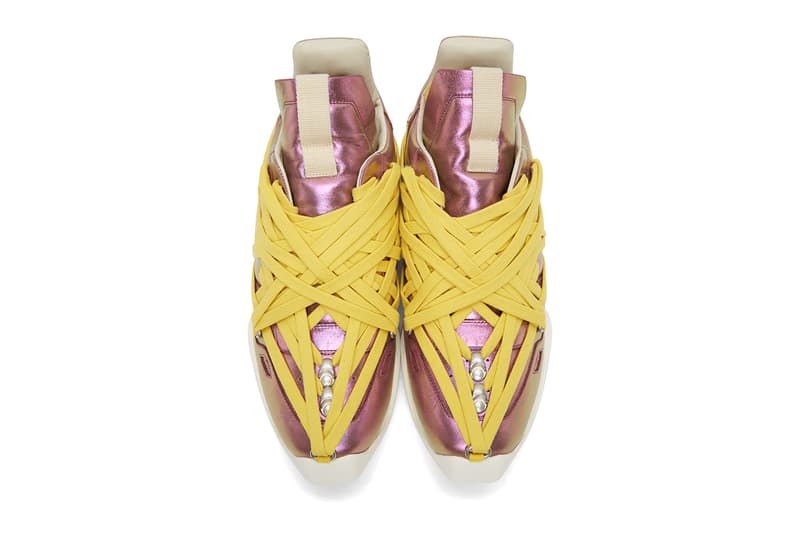 Rick Owens Pink Maximal Runner Sneakers irise iris colorway ss20 spring summer 2020 iridescent yellow laces