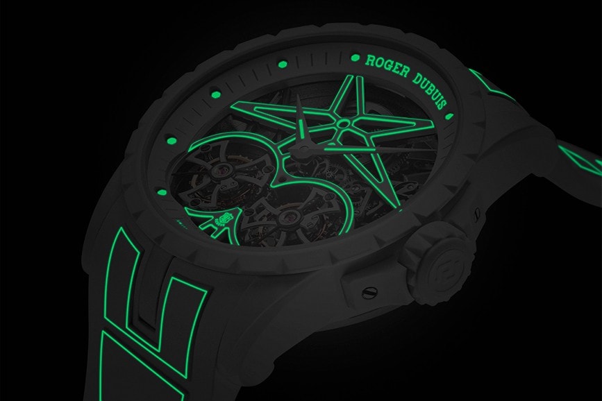  Roger Dubuis Excalibur Twofold Watch Closer Look glow in the dark day and night luminescent timepiece watch avant garde design black white