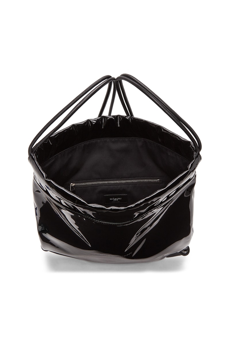 Saint Laurent Black Teddy Backpack Release Information Sportswear Inspired Carrying Options Bags Patent Lambskin Drawstring Zipper Interior Pocket Silver Tone Branding YSL Anthony Vaccarello