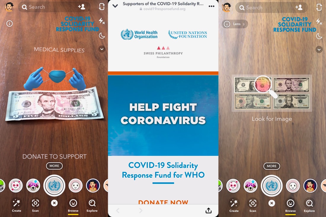 Snapchat COVID-19 WHO Donation AR Experience Launch  apps mobile AR technology 