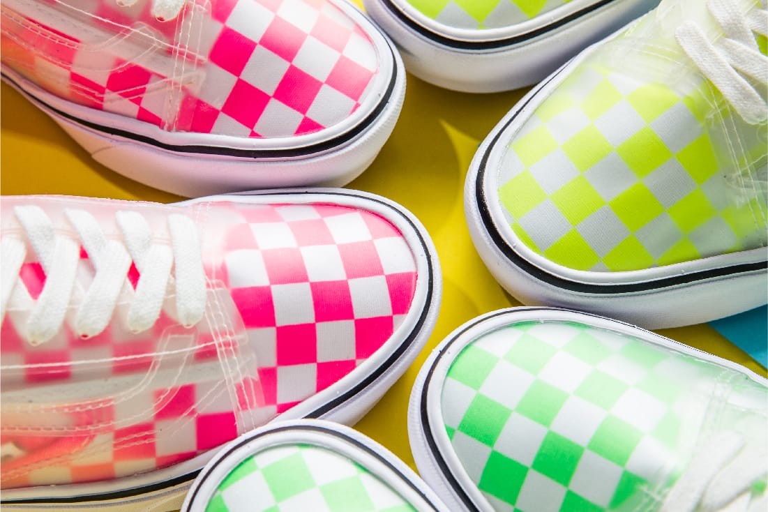 pink blue and yellow checkered vans