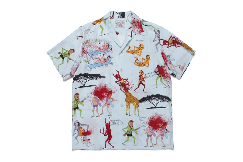 Nasty Neckface x WACKO MARIA Hawaiian Shirts Demons Illustrations Drawings Giraffes African Acacia Trees Red White Gray Blue