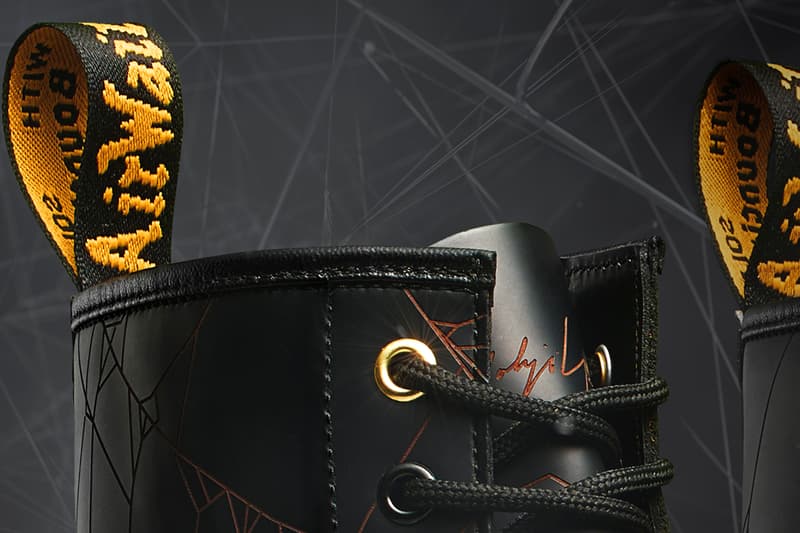 yohji yamamot dr martens 1460 remastered details buy cop purchase spider web graphic laser cut print black leather boot