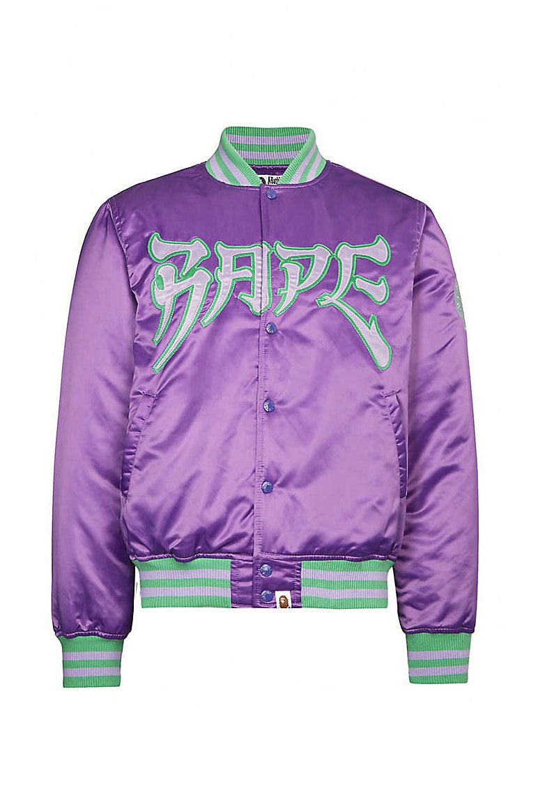 a bathing ape bape purple green black grey satin logo jacket bones release date info photos price store list